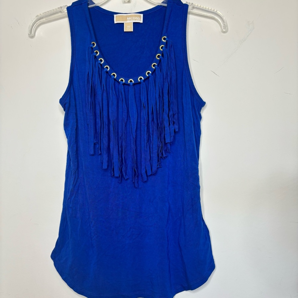 BN5 Michael Kors Royal Blue Fringe Sleeveless Blouse Women XS Resort wear Summer